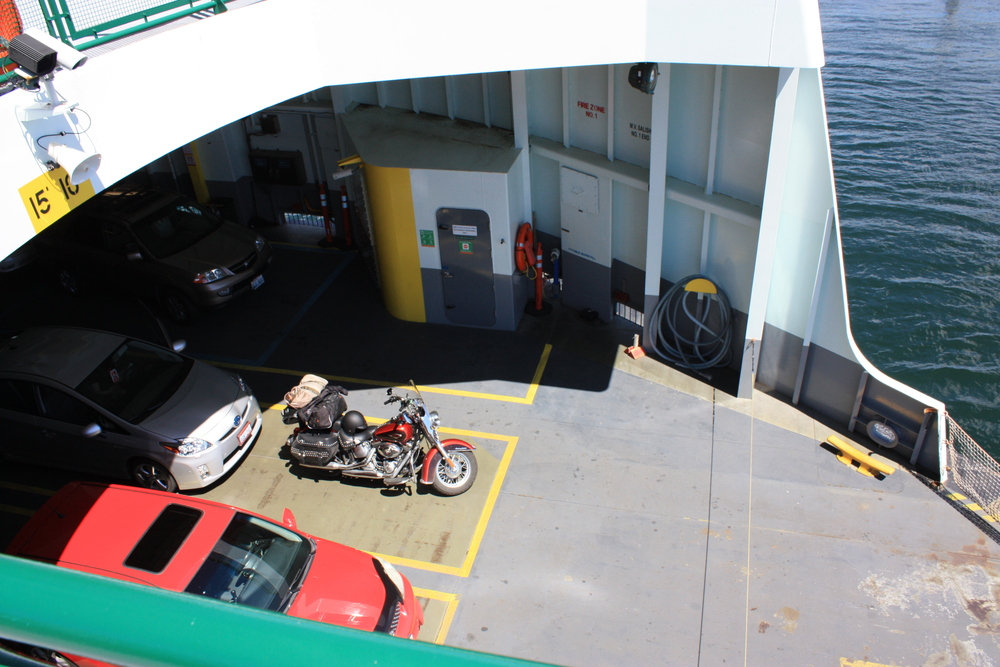 My bike and all my stuff on the ferry in Washington State