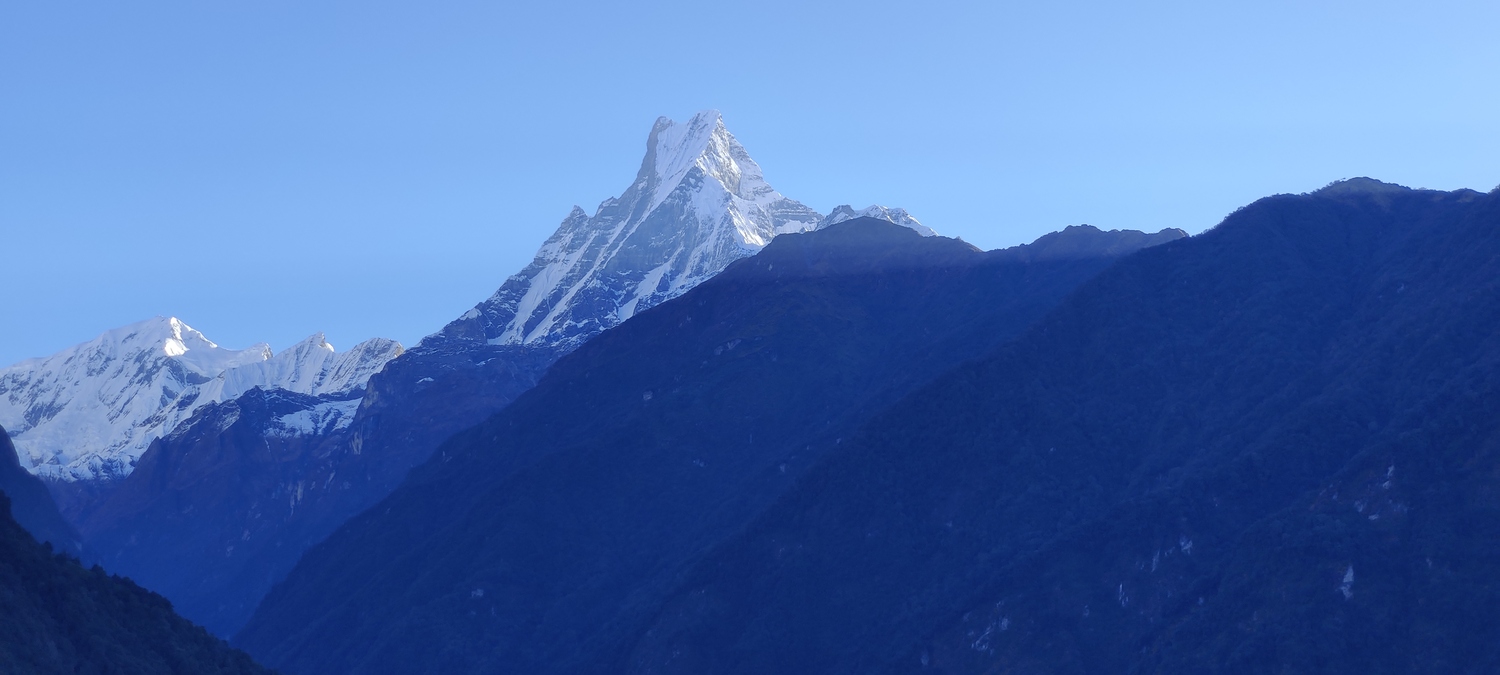 Morning view at Chomrong. Closer view of the Fishtail mountain