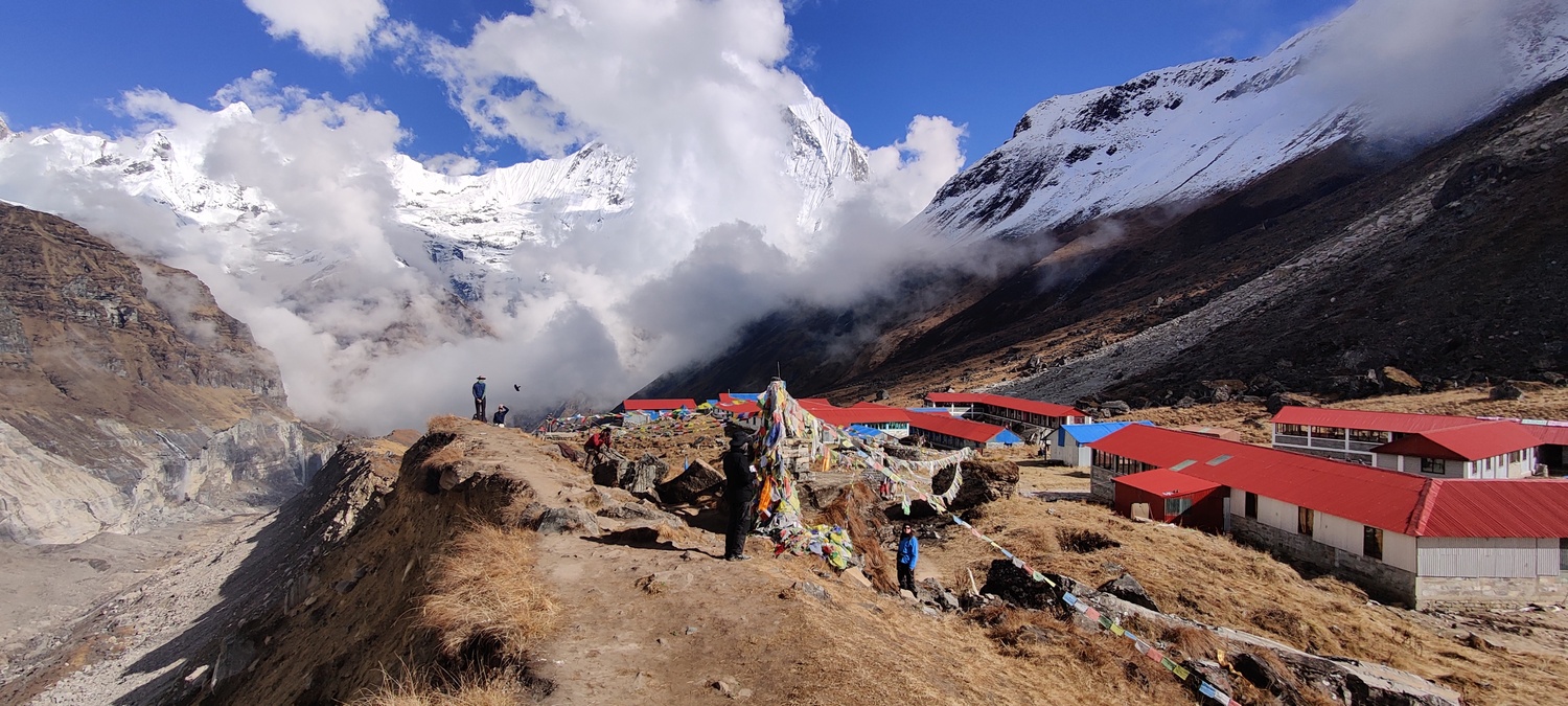 View of the camp from from above, looking towards Fishtail (Machhapuchhare)