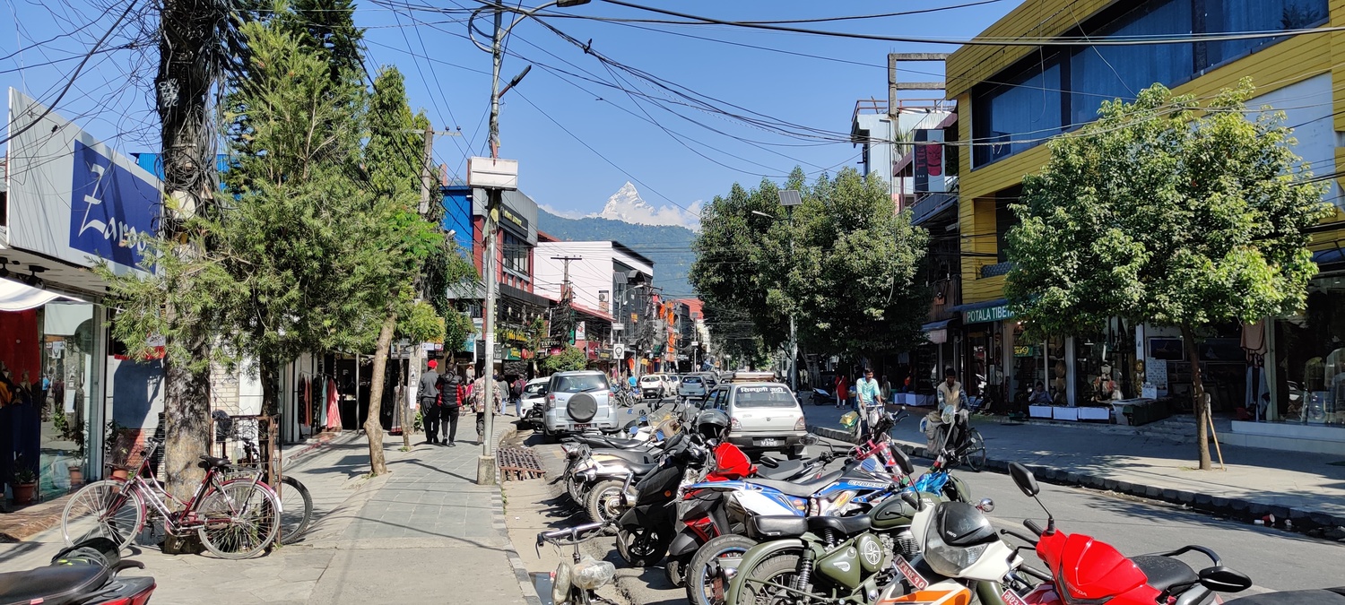 Downtown Pokhara, Machhapuchhare in the distance